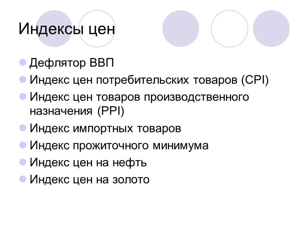 Индексы цен Дефлятор ВВП Индекс цен потребительских товаров (CPI) Индекс цен товаров производственного назначения